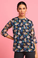 Thumbnail for Janasya Women's Navy Blue Poly Georgette Floral Print Regular Top - Distacart