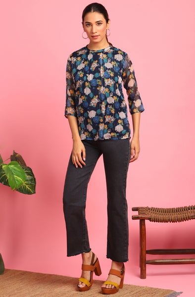 Janasya Women's Navy Blue Poly Georgette Floral Print Regular Top - Distacart