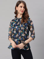 Thumbnail for Janasya Women's Navy Blue Poly Georgette Floral Print Regular Top - Distacart