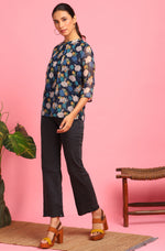 Thumbnail for Janasya Women's Navy Blue Poly Georgette Floral Print Regular Top - Distacart