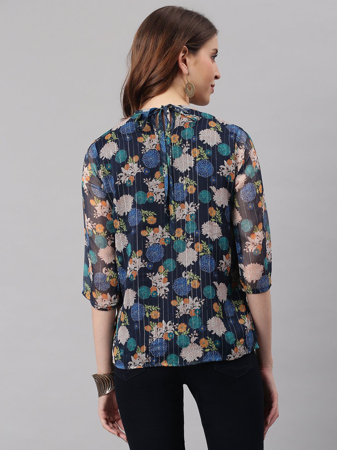 Janasya Women's Navy Blue Poly Georgette Floral Print Regular Top - Distacart