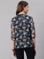 Thumbnail for Janasya Women's Navy Blue Poly Georgette Floral Print Regular Top - Distacart