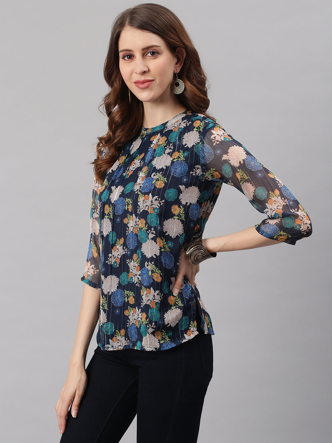 Janasya Women's Navy Blue Poly Georgette Floral Print Regular Top - Distacart