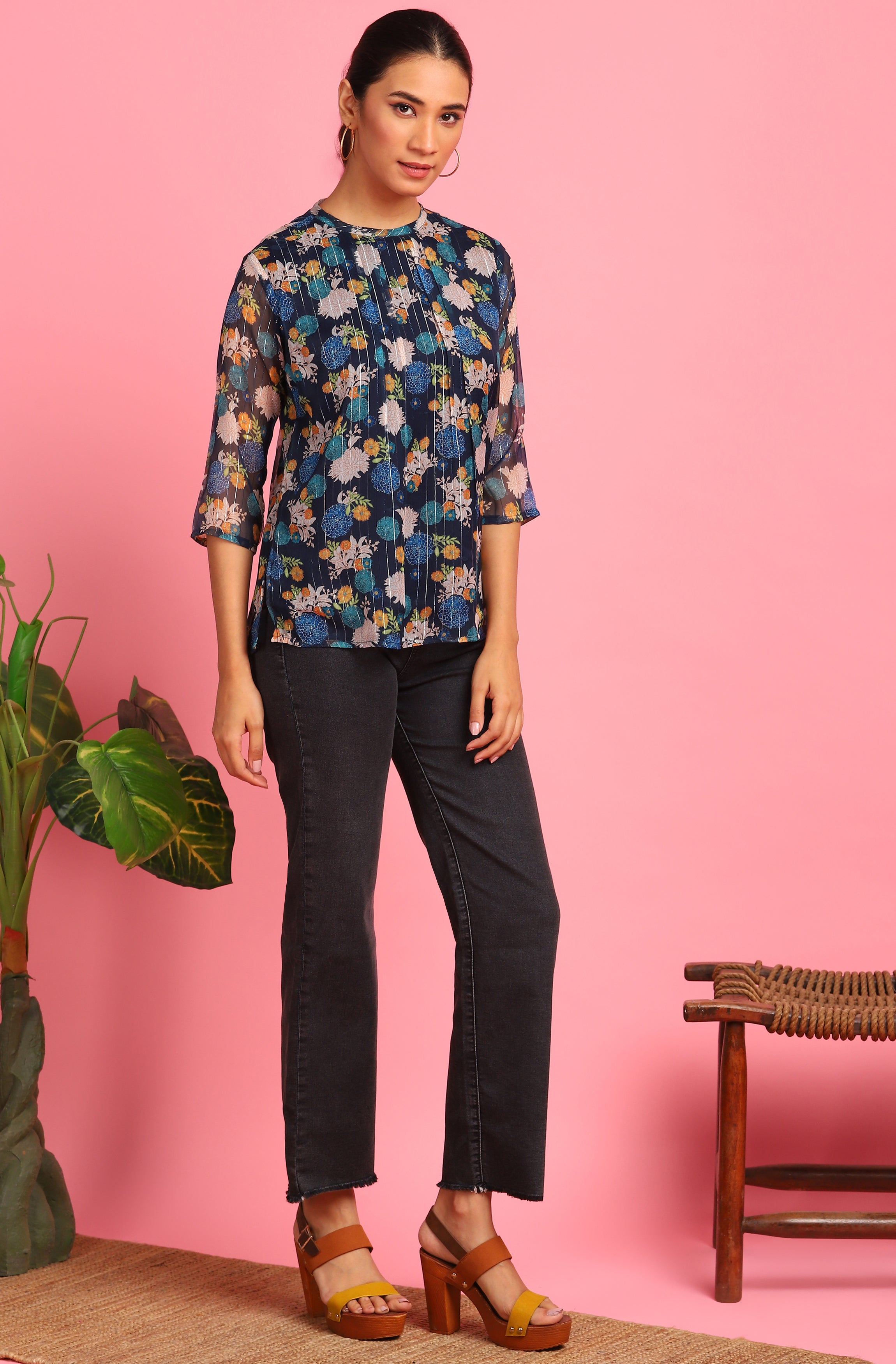 Janasya Women's Navy Blue Poly Georgette Floral Print Regular Top - Distacart