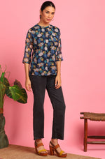 Thumbnail for Janasya Women's Navy Blue Poly Georgette Floral Print Regular Top - Distacart