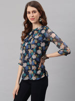 Thumbnail for Janasya Women's Navy Blue Poly Georgette Floral Print Regular Top - Distacart