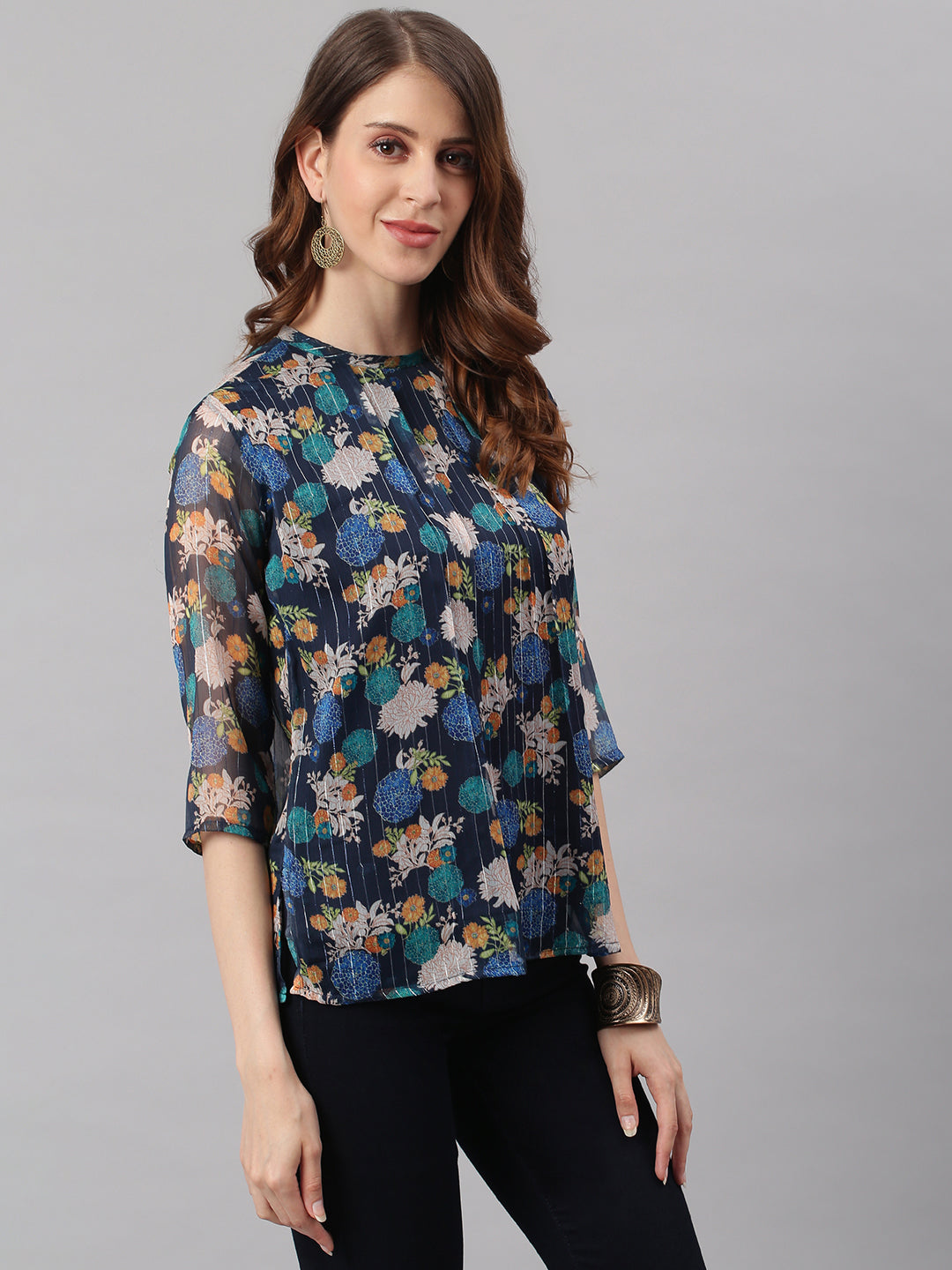Janasya Women's Navy Blue Poly Georgette Floral Print Regular Top - Distacart