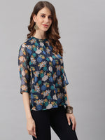 Thumbnail for Janasya Women's Navy Blue Poly Georgette Floral Print Regular Top - Distacart