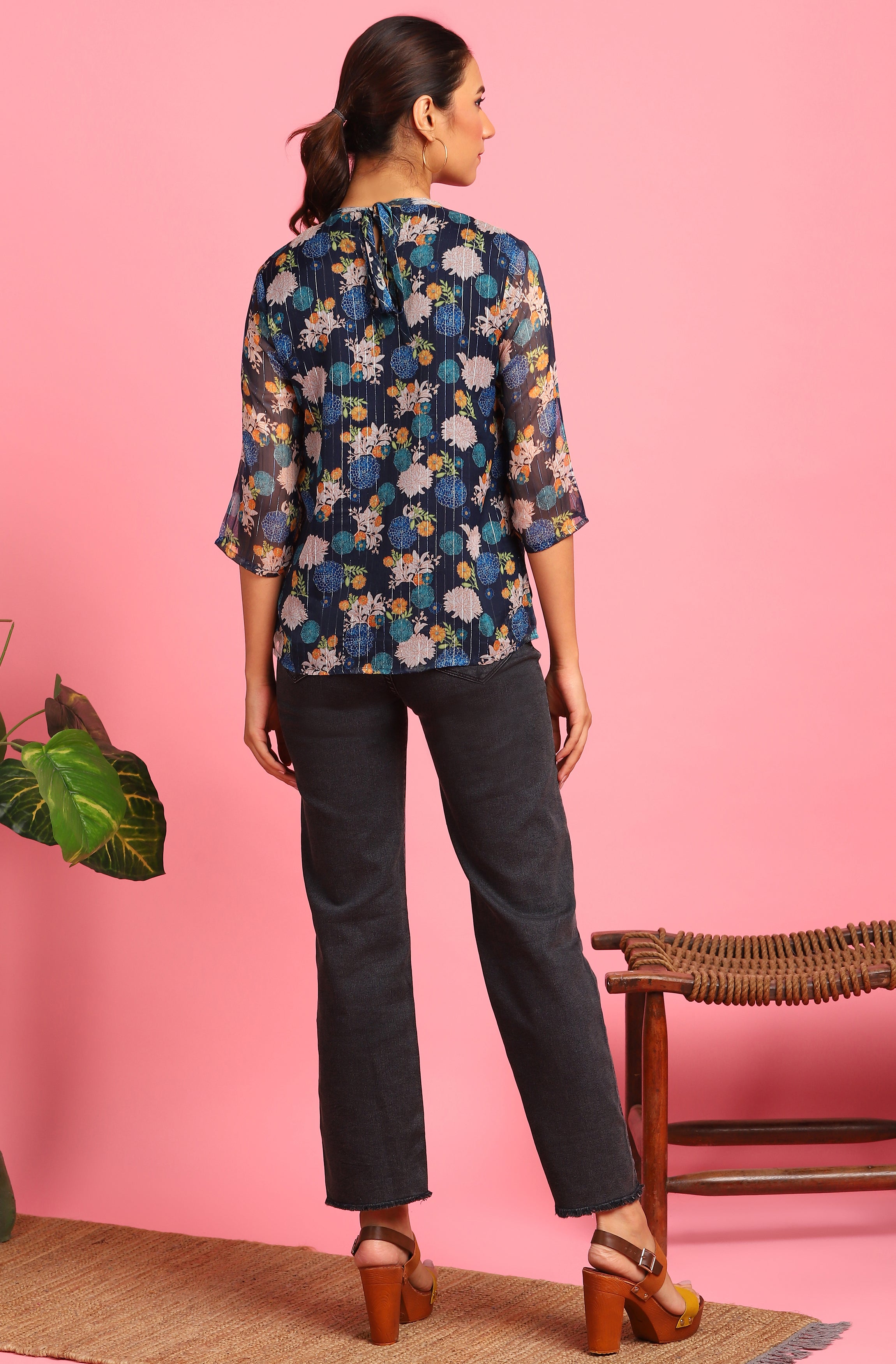 Janasya Women's Navy Blue Poly Georgette Floral Print Regular Top - Distacart