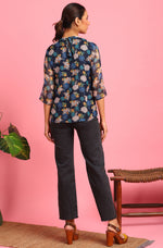 Thumbnail for Janasya Women's Navy Blue Poly Georgette Floral Print Regular Top - Distacart