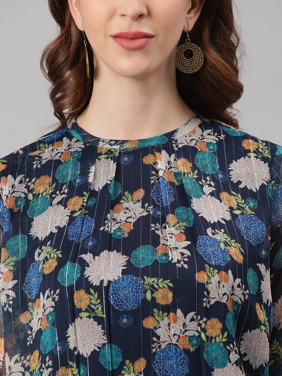 Janasya Women's Navy Blue Poly Georgette Floral Print Regular Top - Distacart