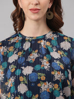 Thumbnail for Janasya Women's Navy Blue Poly Georgette Floral Print Regular Top - Distacart