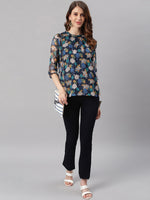 Thumbnail for Janasya Women's Navy Blue Poly Georgette Floral Print Regular Top - Distacart