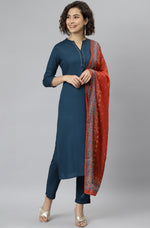 Thumbnail for Janasya Women's Teal Rayon Solid Kurta With Pant And Dupatta - Distacart