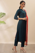 Thumbnail for Janasya Women's Teal Rayon Solid Kurta With Pant And Dupatta - Distacart