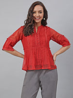 Thumbnail for Janasya Women's Red Kota Doria Embellished Gathered Top - Distacart