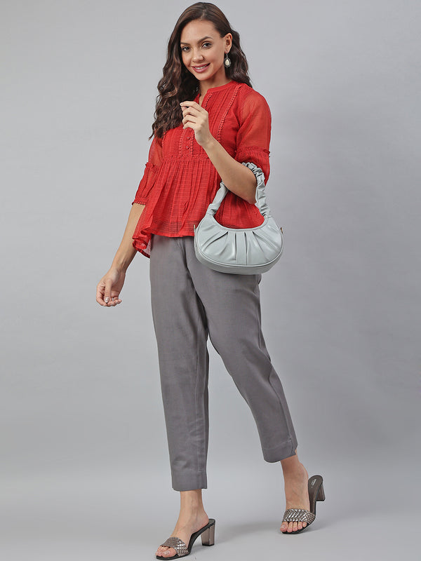 Janasya Women's Red Kota Doria Embellished Gathered Top - Distacart