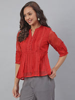 Thumbnail for Janasya Women's Red Kota Doria Embellished Gathered Top - Distacart