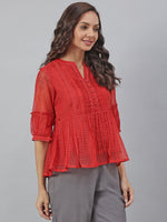 Thumbnail for Janasya Women's Red Kota Doria Embellished Gathered Top - Distacart