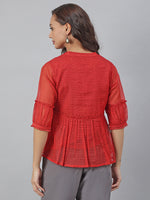 Thumbnail for Janasya Women's Red Kota Doria Embellished Gathered Top - Distacart