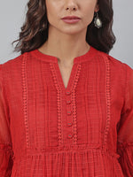 Thumbnail for Janasya Women's Red Kota Doria Embellished Gathered Top - Distacart