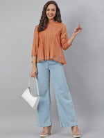 Thumbnail for Janasya Women's Rust Kota Doria Solid Panelled Top - Distacart