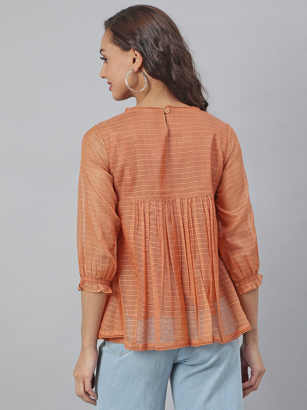 Janasya Women's Rust Kota Doria Solid Panelled Top - Distacart