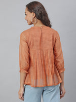 Thumbnail for Janasya Women's Rust Kota Doria Solid Panelled Top - Distacart