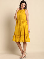 Thumbnail for Janasya Women's Mustard Cotton Solid Flared Western Dress - Distacart