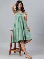 Thumbnail for Janasya Women's Mint Green Cotton Solid Flared Western Dress - Distacart