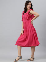 Thumbnail for Janasya Women's Pink Cotton Solid Flared Western Dress - Distacart