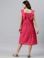 Thumbnail for Janasya Women's Pink Cotton Solid Flared Western Dress - Distacart