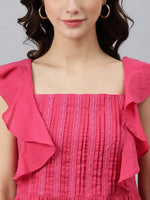 Thumbnail for Janasya Women's Pink Cotton Solid Flared Western Dress - Distacart