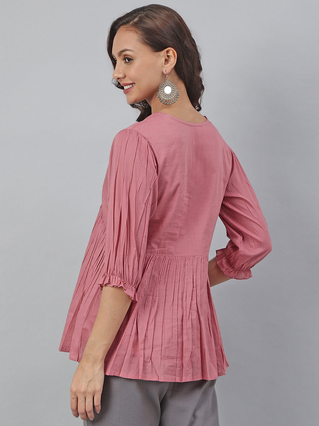 Janasya Women's Pink Cotton Embroidered Fit and Flared Top - Distacart