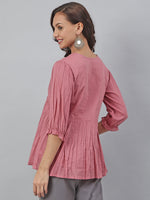 Thumbnail for Janasya Women's Pink Cotton Embroidered Fit and Flared Top - Distacart