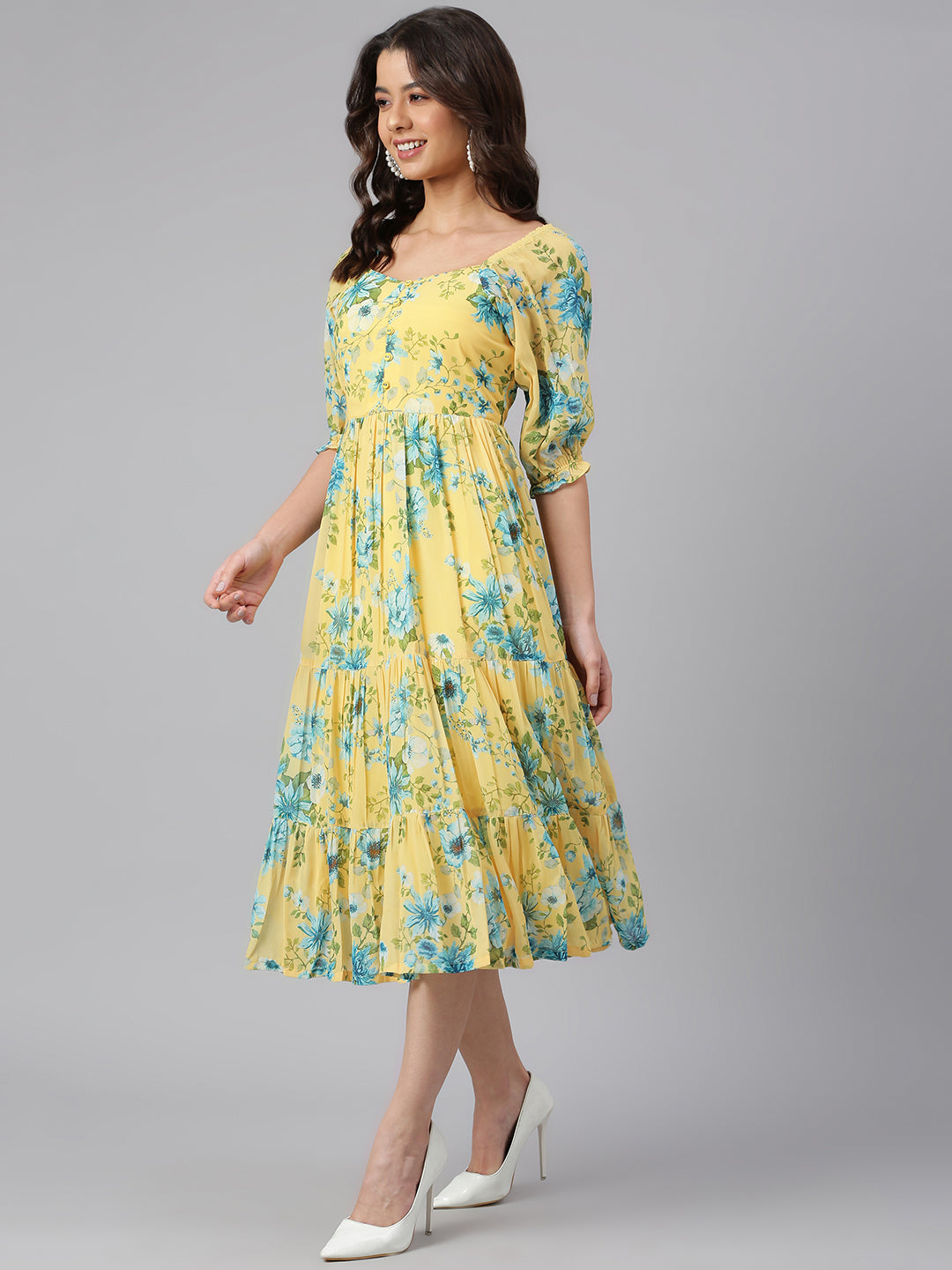 Janasya Women's Yellow Georgette Floral Printed Flared Western Dress - Distacart
