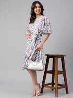 Thumbnail for Janasya Women's White Georgette Floral Printed Flared Western Dress - Distacart