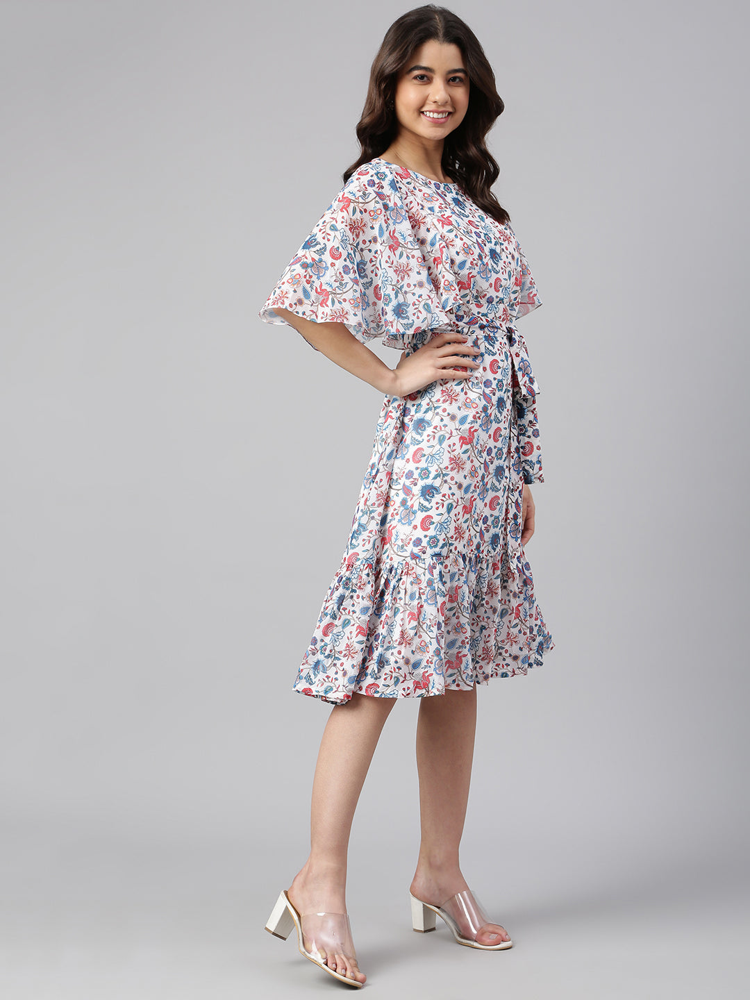 Janasya Women's White Georgette Floral Printed Flared Western Dress - Distacart