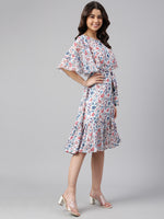 Thumbnail for Janasya Women's White Georgette Floral Printed Flared Western Dress - Distacart