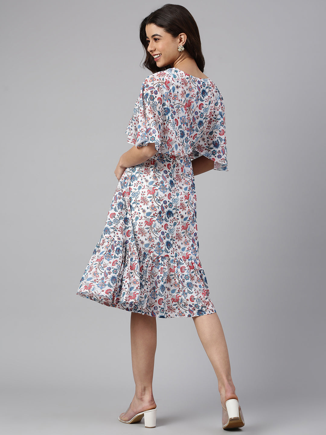 Janasya Women's White Georgette Floral Printed Flared Western Dress - Distacart