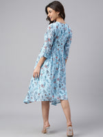 Thumbnail for Janasya Women's Sky Blue Georgette Floral Printed Asymmetric Western Dress - Distacart
