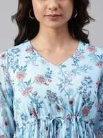 Thumbnail for Janasya Women's Sky Blue Georgette Floral Printed Asymmetric Western Dress - Distacart