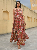 Thumbnail for Janasya Women's Red Cotton Floral Print Tiered Western Dress - Distacart