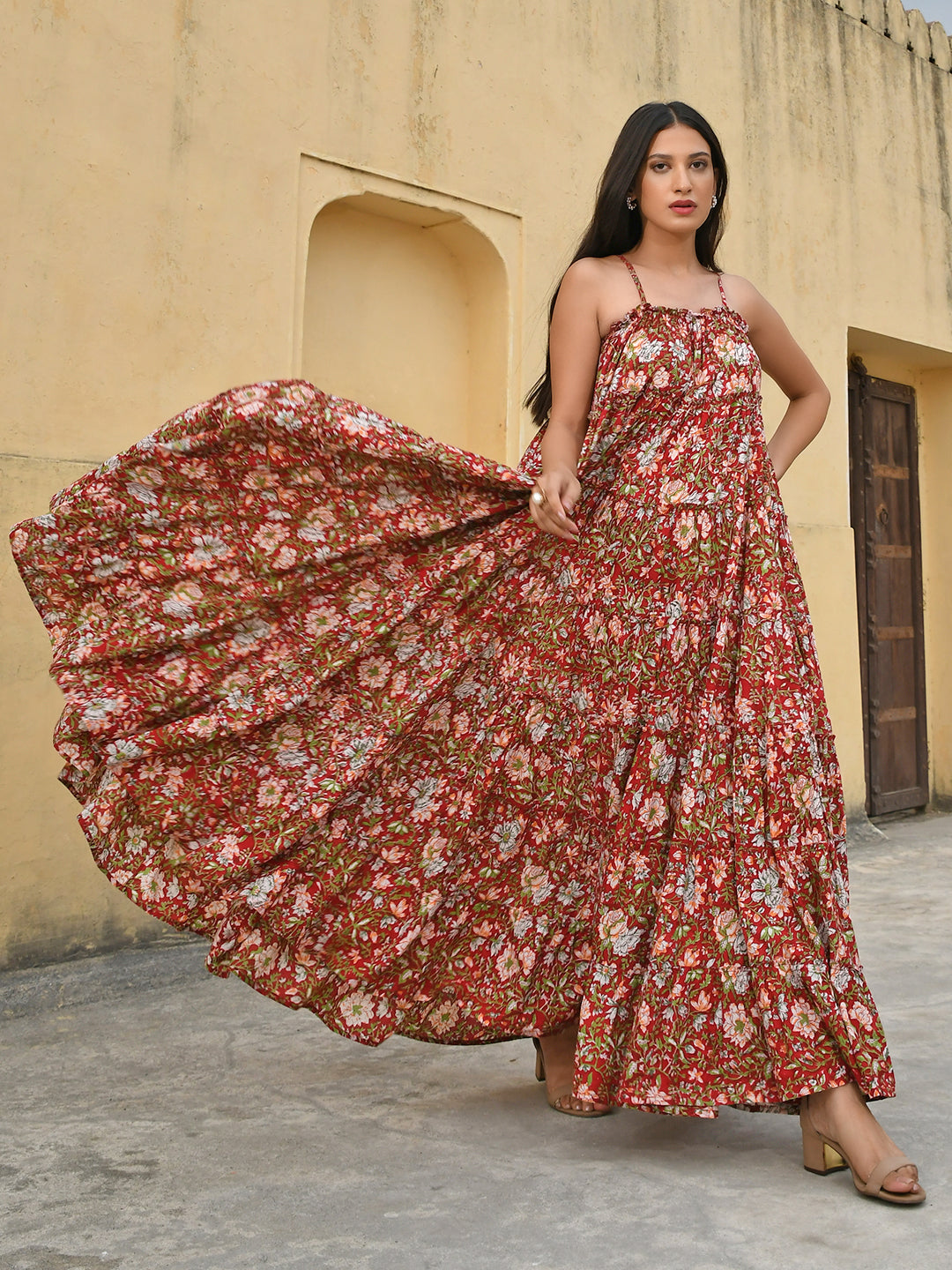 Janasya Women's Red Cotton Floral Print Tiered Western Dress - Distacart