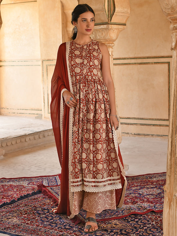 Janasya Women's Rust Cotton Floral Print Kurta With Palazzo And Dupatta - Distacart