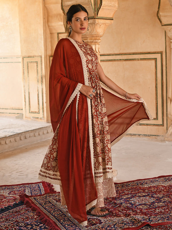 Janasya Women's Rust Cotton Floral Print Kurta With Palazzo And Dupatta - Distacart