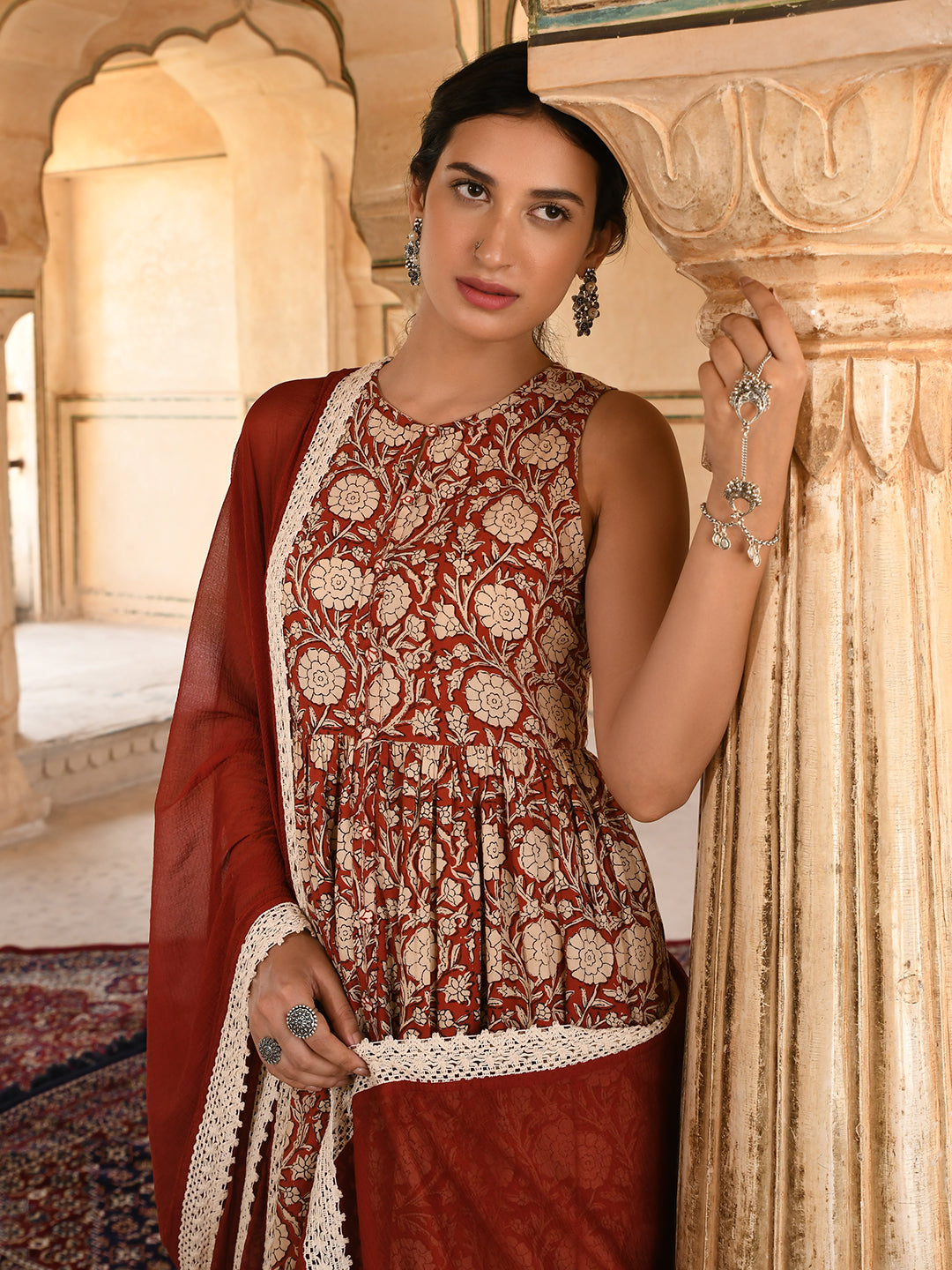 Janasya Women's Rust Cotton Floral Print Kurta With Palazzo And Dupatta - Distacart