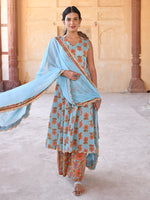 Thumbnail for Janasya Women's Mint Blue Cotton Floral Print Kurta With Palazzo And Dupatta - Distacart