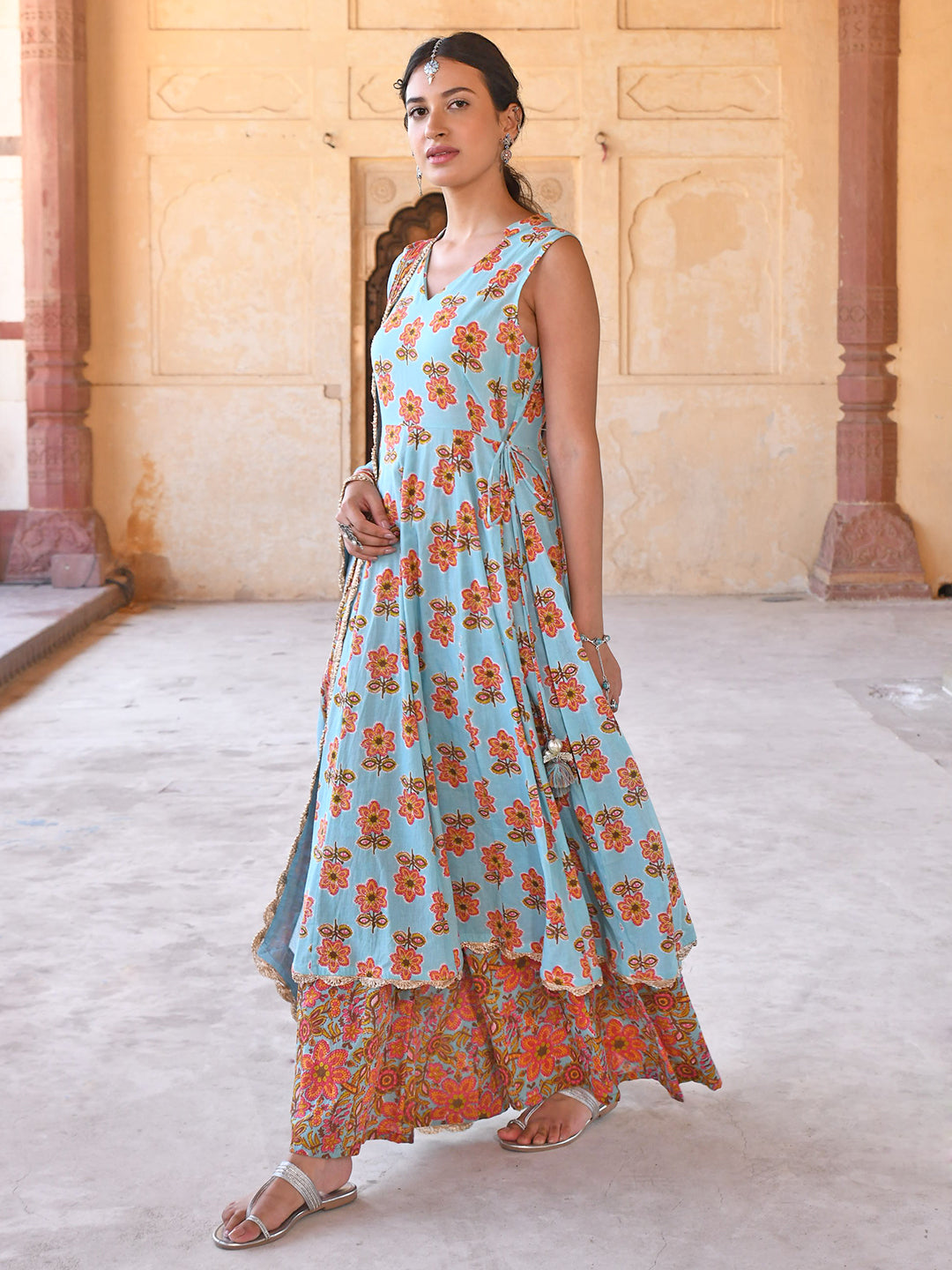 Janasya Women's Mint Blue Cotton Floral Print Kurta With Palazzo And Dupatta - Distacart