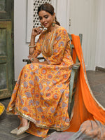 Thumbnail for Janasya Women's Mustard Cotton Embroidered Kurta With Palazzo And Dupatta - Distacart
